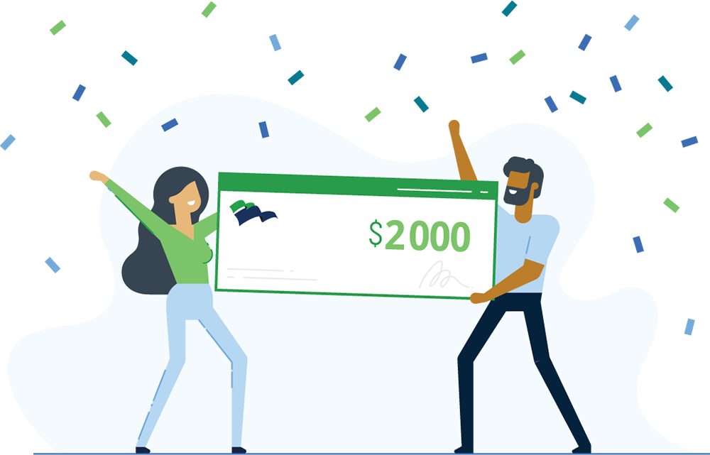 Illustration of two people celebrating with a $2,000 check